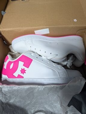 DC White Sneakers with Hot Pink Logo Accent